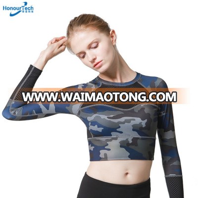 Womens Running Training Suit Camouflage Long Sleeved Umbilical Mesh Yoga Shirts