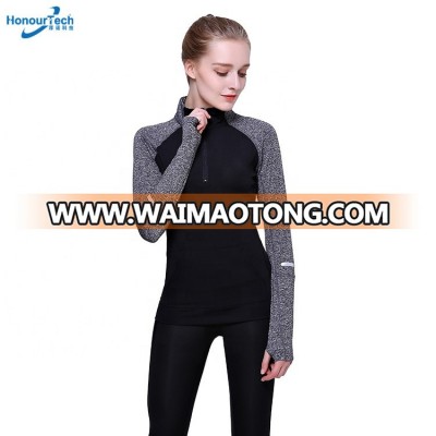 Womens Gym Long Sleeves Quick Dry Half Zipper Top Yoga Sport Shirts with Open Thumb Holes