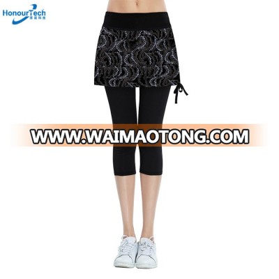 Custom Tropical Print Side Drawstring Tennis Sport Womens Cropped Legging Capri Skirt